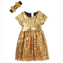 Блестящее платье с блестками для маленьких девочек; вечерние платья с золотыми блестками; Летнее нарядное платье для выпускного бала; платье с короткими рукавами для малышей
