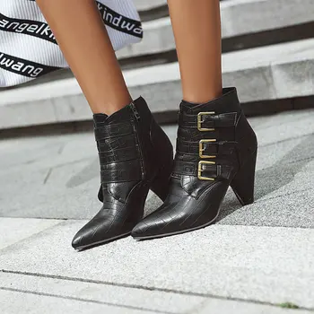 

2020 Autumn Winter Chelsea Boots Female Stone Pattern High Heels Boots Strap Buckle Ankle Boots Fashion Women's Shoes Plus Size