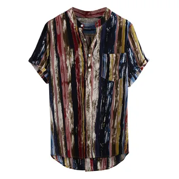 

Mens Summer Fashion Stand Collar Strip Print Short Sleeve Shirt Top Cotton Shirt Couple loose Fit Hawaii breathable Quick Dry #C