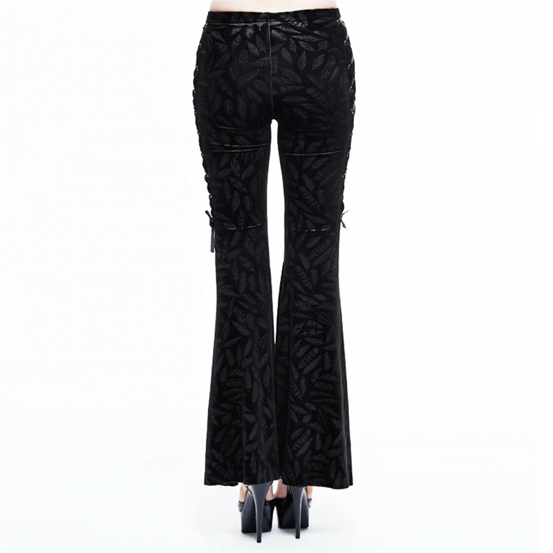 Devil Fashion Women Gothic Dark High Waist Long Trousers with Feather Pattern Velvet Flare Pants