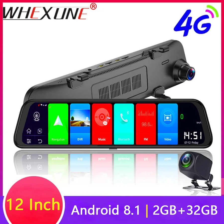 

WHEXUNE 12 Inch Android 8.1 Car DVRs Camera GPS Navi Bluetooth FHD 1080P Rearview Mirror Recorder 4G Wifi ADAS Dash cam 2GB+32GB