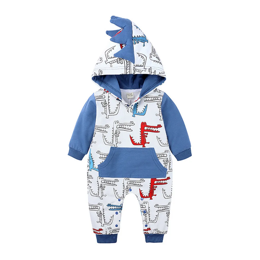 Newborn Baby Boys Girls Hooded Cartoon 3D Dinosaur Print Romper Infant Kids Long Sleeve Autumn Jumpsuit Toddler Fashion Outfits - Цвет: Синий