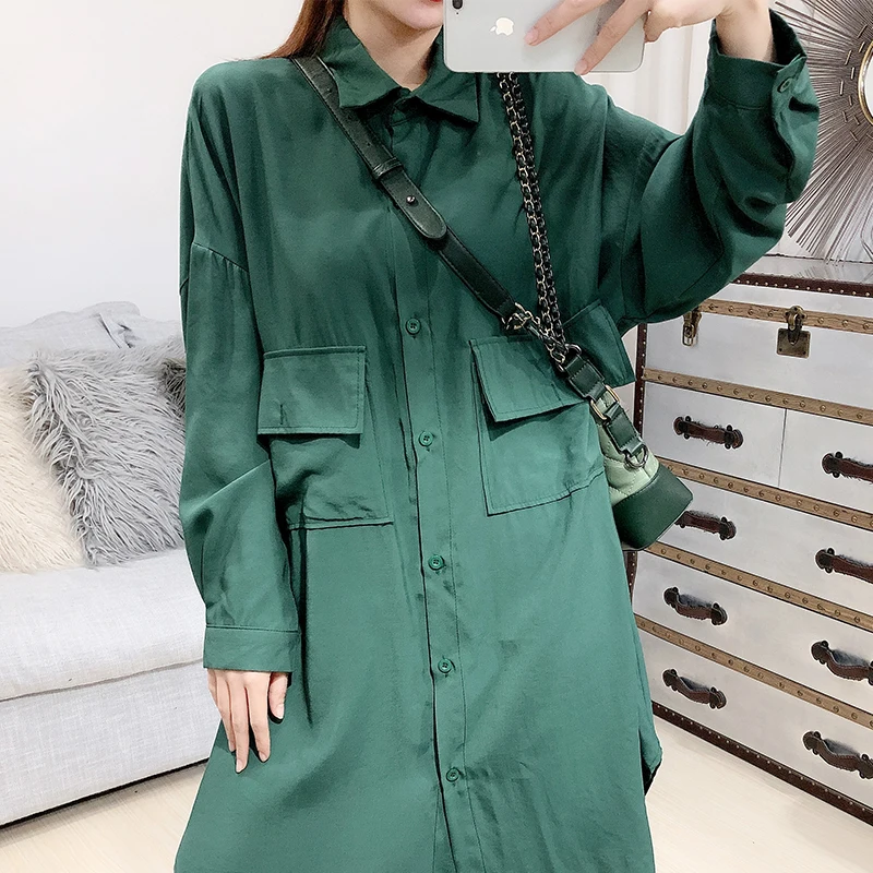 Женское платье с длинным рукавом [EWQ] черное платье-рубашка карманами трендовым