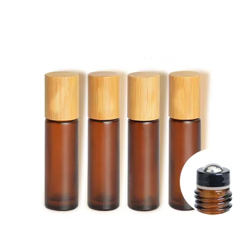 

10ml Frosted Amber Cosmetic Glass Essential Oil Serum Container Matte Brown Roll on Perfume Bottle Bamboo Lid Makeup Accessories