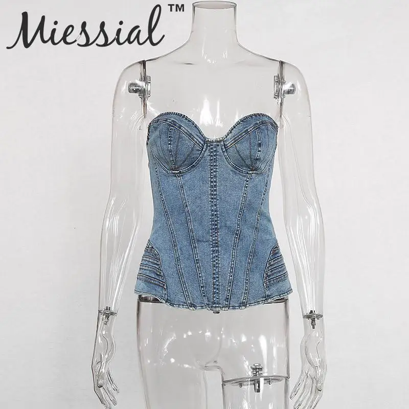 Miessial, джинсовый, с открытой спиной, сексуальный, облегающий, на бретельках, женский, фестиваль, базовый, без рукавов, короткий топ, женские, укороченные, вечерние, для клуба, уличная одежда, майка - Цвет: Синий