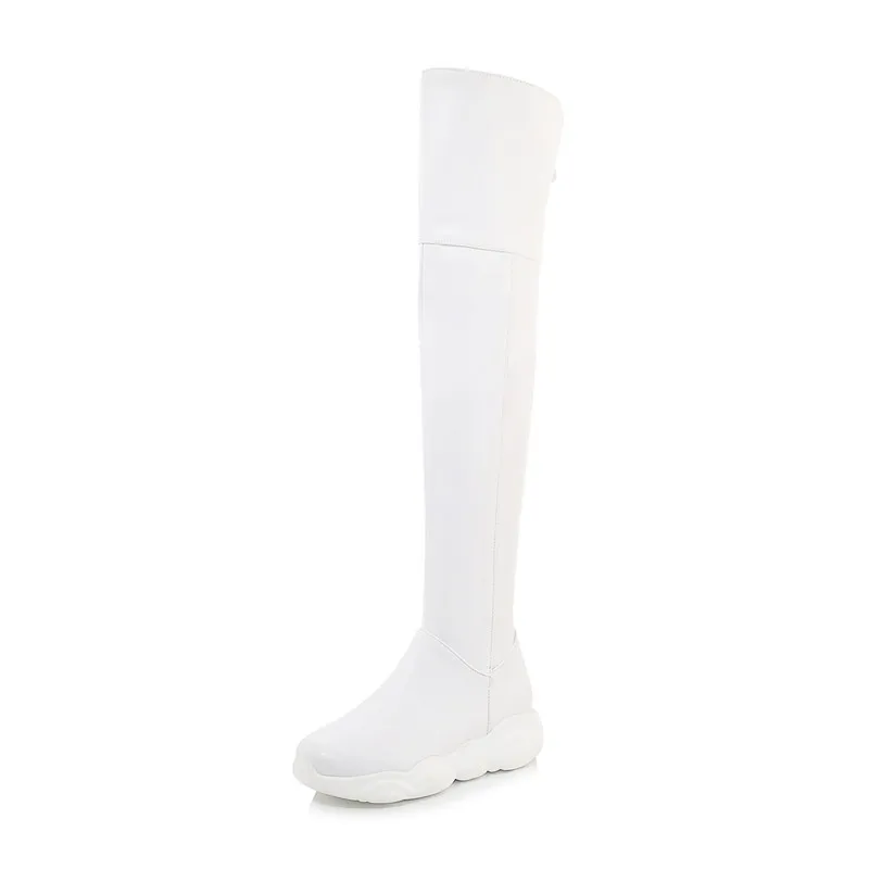 White MORAZORA/ г. Большой размер 33-46, новые брендовые Сапоги выше колена из pu искусственной кожи простые зимние женские сапоги на плоской подошве черного и белого цвета - Color: White