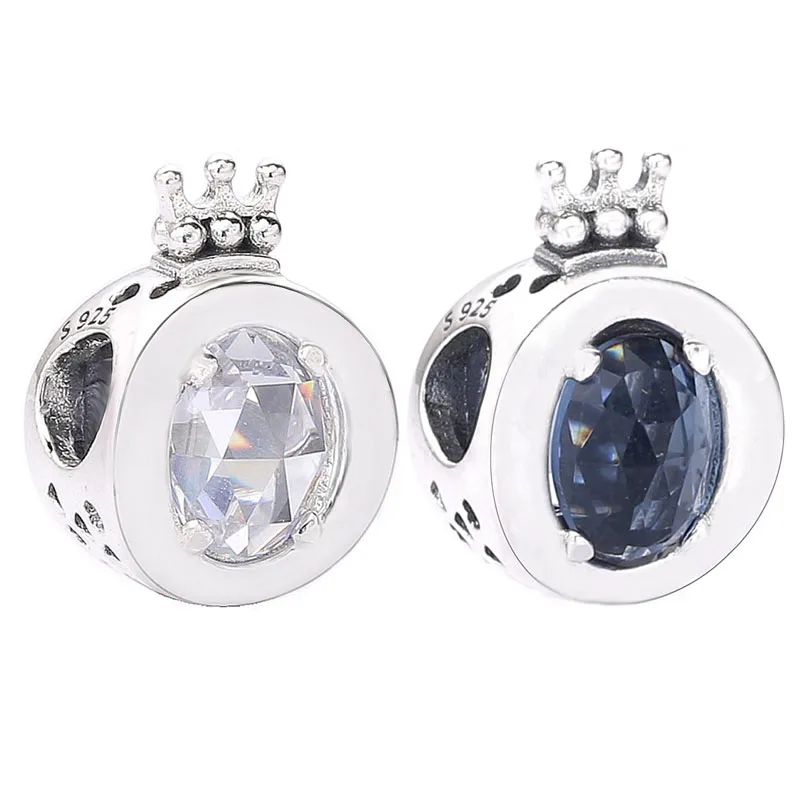 

New 925 Sterling Silverl Bead Charm Blue & Clear Sparkling Crown O With Crystal Beads Fit Pandora Bracelet Bangle Diy Jewelry