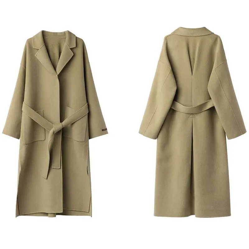 Женское пальто ручной работы в Корейском стиле с двусторонним кашемиром однотонное Длинное свободное шерстяное пальто