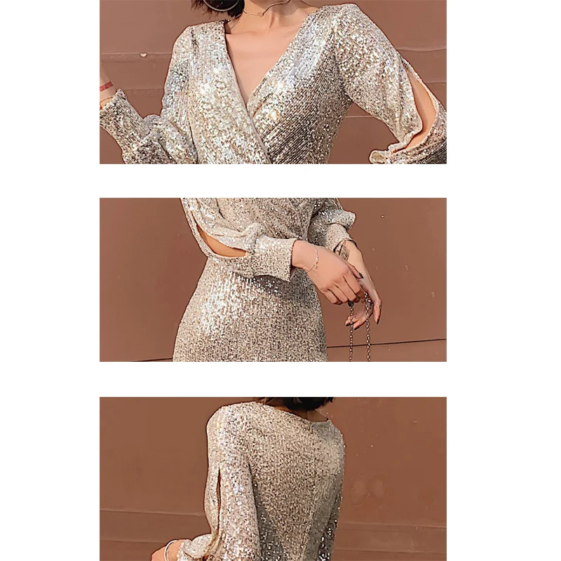 Skyyue Длинные платья Вечерние с v-образным вырезом Плиссированные до пола Robe De Soiree K063 с блестками Русалка с длинным рукавом Формальные платья