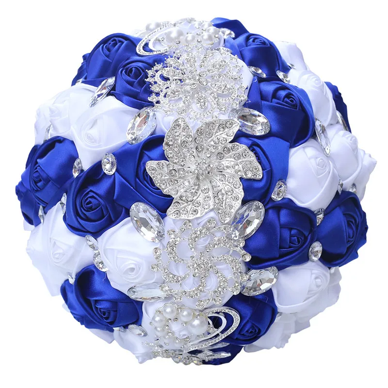 WifeLai-A 21 см Большой Кристалл Свадебный букет ручной работы Королевский синий белый лента роза Свадебные букеты Buque Noiva W228 - Цвет: royal blue white