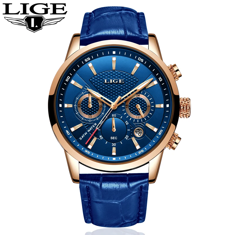 Модные мужские часы lige top бренд Luuxury синий кварцевые мужские часы Повседневное кожа Водонепроницаемый, спортивный стиль, с хронографом, reloj hombre+ коробка