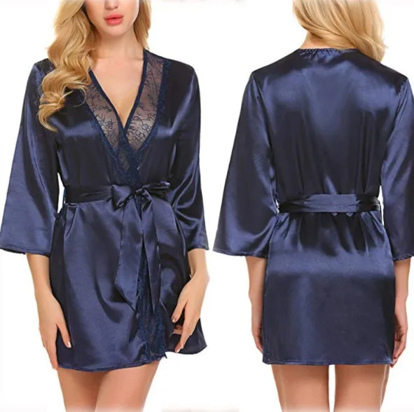 Синий Женское сексуальное шелковое кимоно, халат, кружевное белье, банный халат, ночная рубашка - Цвет: Синий