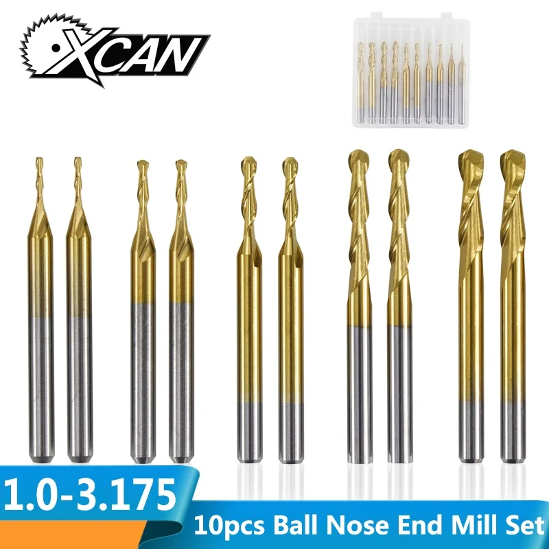 XCAN 10 шт. Олова с покрытием шариковая носовая фреза 1/8 ''(3,175 мм) Хвостовик твердосплавная Концевая фреза CNC спиральная фреза для гравировки по дереву