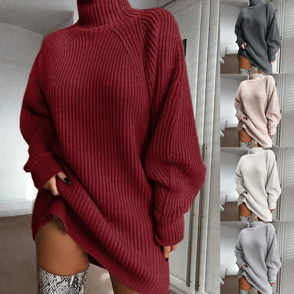 

Puimentiua Casual Oversized Knitted Dress Sweater Fall 2019 Solid Color Long Sleeve Vetsidos Pull Femme Winter Turtleneck Dress