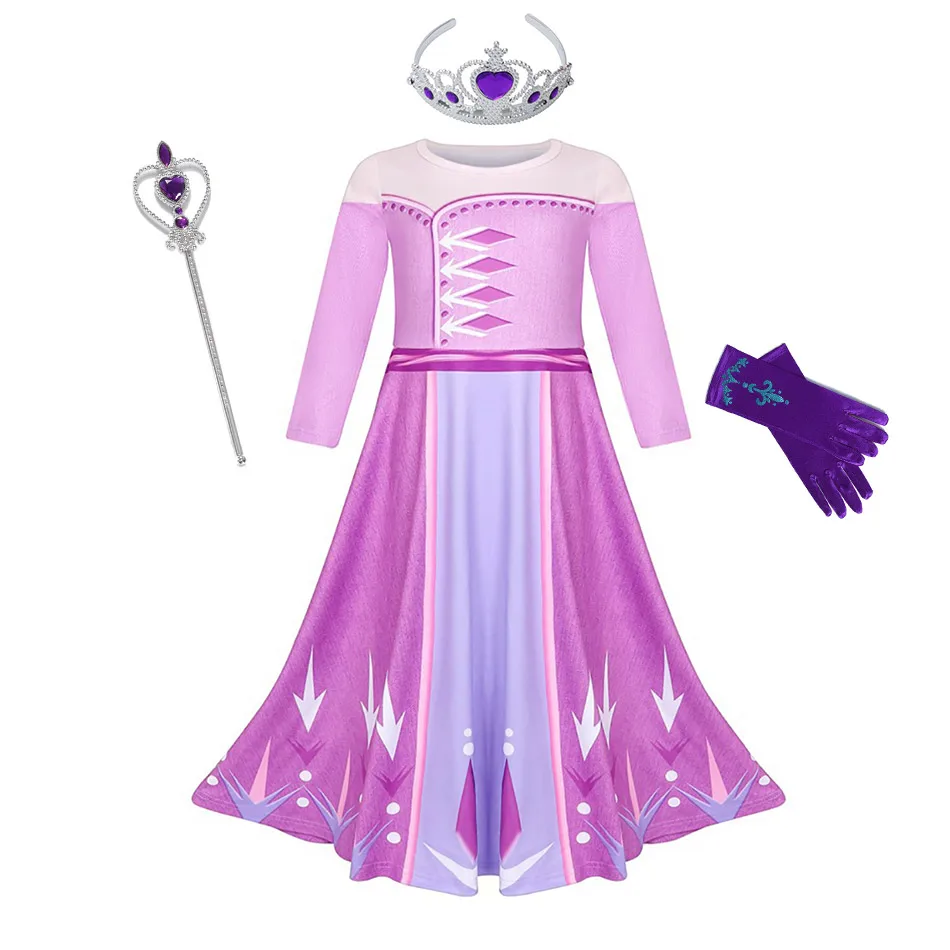 Костюм Королевы Эльзы 2 для косплея для девочек, 3D принт, кино, детское фиолетовое платье Эльзы с Тиара для волос с зажимом, волшебная палочка, перчатки, Маскировка на Хэллоуин - Цвет: Dress Set A