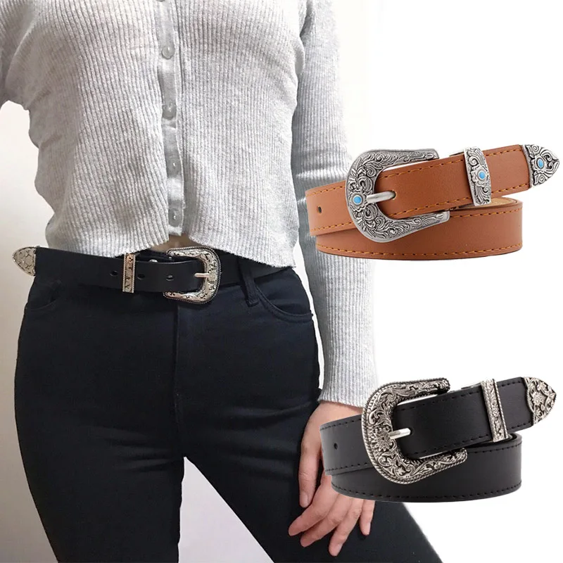 Fashion Black Leather Belt for Women Retro Metal Carved Buckle Waist Straps Designer Ladies Jeans Dress Decoration Waistband