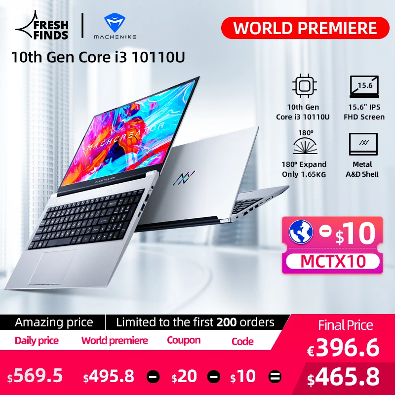 Machcreator-ordenador portátil de Metal, Ultrabook intel core i3 10110U, 8G, 256G, SSD, 15,6 , FHD, IPS, oficina para estudiantes