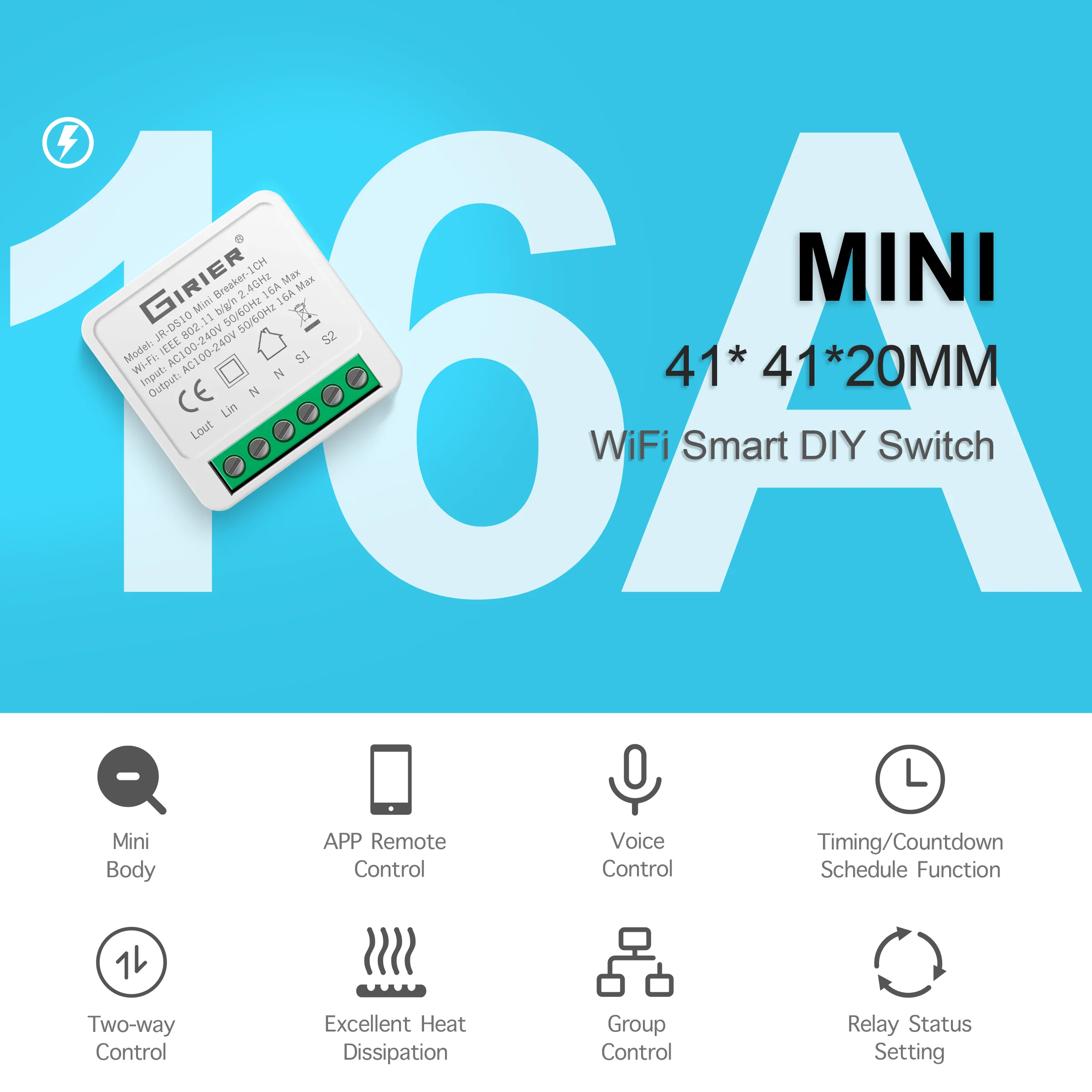 16A Mini Smart Wifi DIY Switch Supports 2 Way Control, Smart Home Automation Module, Works with Alexa Google Home Smart Life App