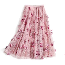 2021 three-dimensional custom butterfly sequins dark flash lace mesh elastic waist A-line bust new product long brown skirt 2021 three-dimensional custom butterfly sequins dark flash lace mesh elastic waist A-line bust new product long brown skirt