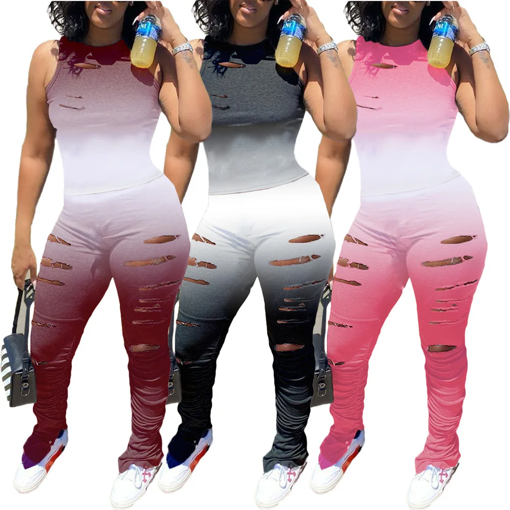 

Women Gradient Tracksuit 2 Piece Matching Sets Tank Vest Slim Fit Top and Hollow Hole Stacked Sweatpant Active Wear Club Outfits