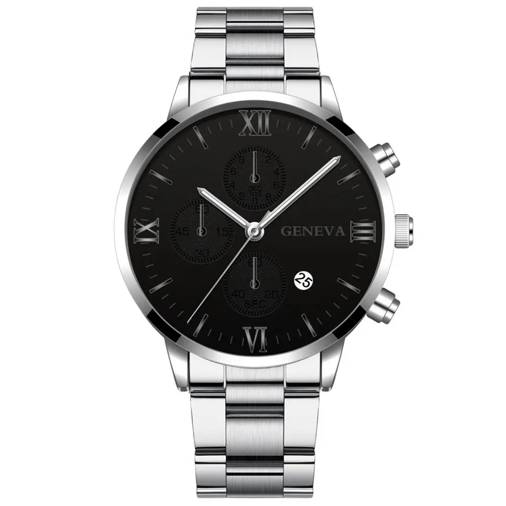 Silver Black Watch Men Fashion Business Watches Luxury Calendar Clock Man Stainless Steel Quartz Wrist Watch reloj hombre - Цвет: Silver Black