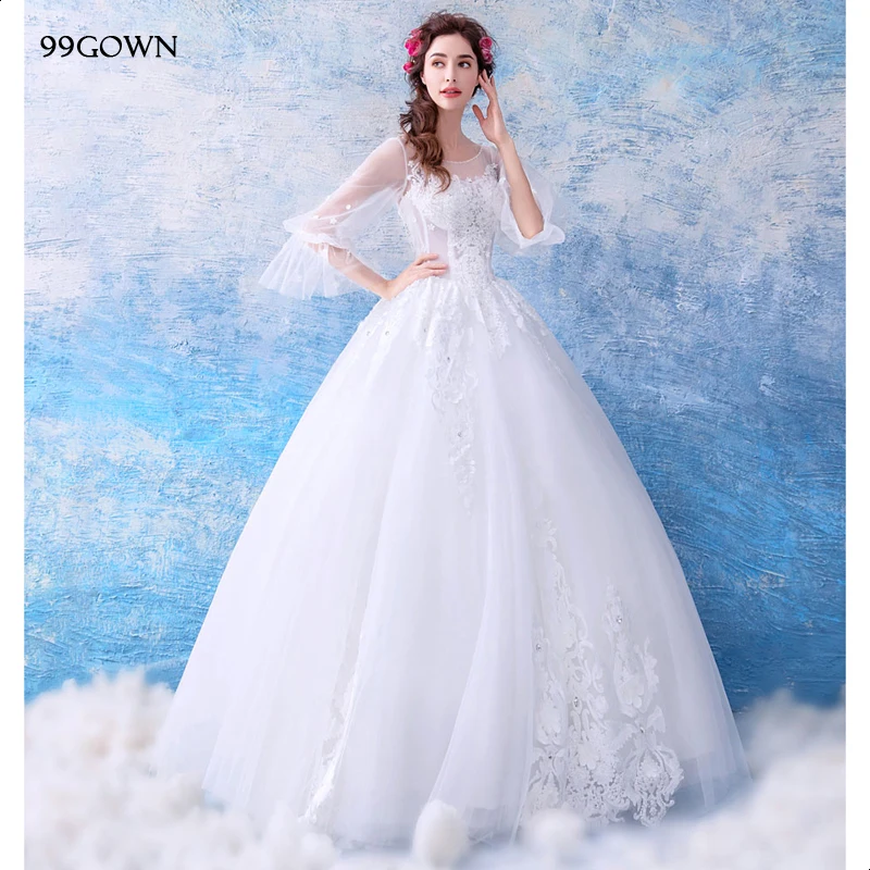 99GOWN, простое свадебное платье для женщин, рукав три четверти, расклешенный рукав, а-силуэт, Свадебное бальное платье, вышивка на свадебном платье
