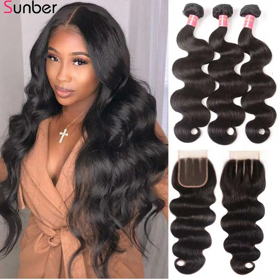 

Sunber Hair Peruvian Body Wave Hair Bundles With Closure High Ratio Remy Hair 3/4 Bundles With Closure Double Machine Hair Weft