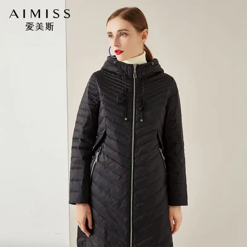 AIMISS пуховик черного цвета с капюшоном и молниями, Свободный Повседневный Зимний пуховик, длинная верхняя одежда, комплект одежды