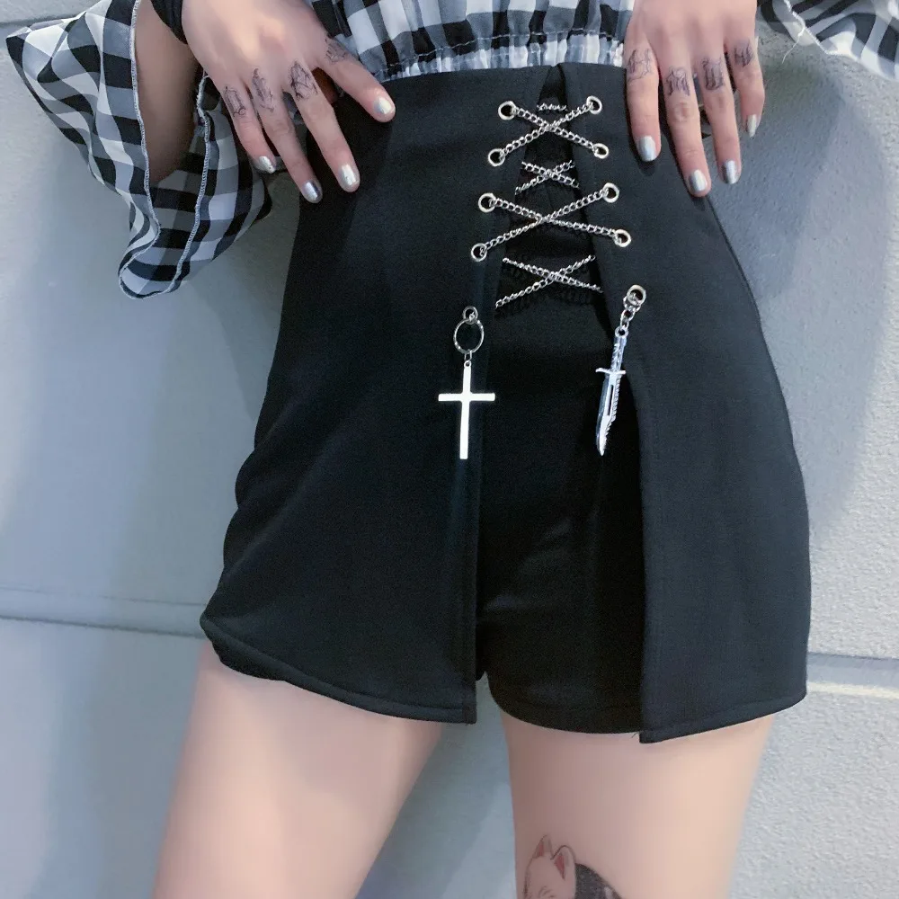 Летние новые женские панк готические с высокой талией нательный крест на цепочке юбки шорты Harajuku сексуальные черные шорты женские тонкие горячие шорты