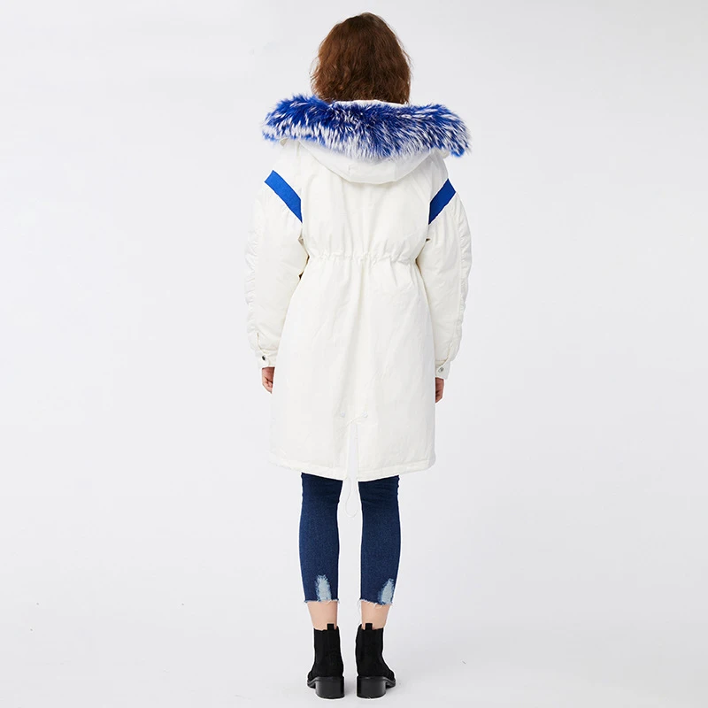 Зимний модный женский пуховик средней длины пальто с капюшоном и принтом алфавита с синим меховым воротником енота wondproof верхняя одежда