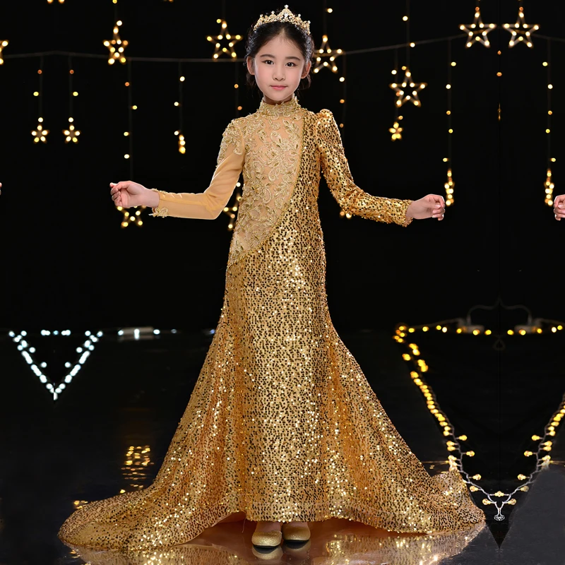 High-end Luxury Sequined Girls Mermaid Evening Dress Fashion Trailing Catwalk Ball Gown Modis Kids Party Dress Vestidos Y2233
