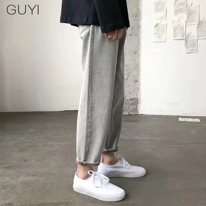 GUYI Harajuku ретро вымытые винтажные джинсы брюки мужские Ulzzang lzzang джинсовые брюки мужские повседневные Прямые джоггеры карандаш уличная одежда