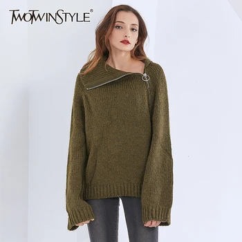 

TWOTWINSTYLE Patchwork Zipper Casual Sweater For Women Turtleneck Long Sleeve Loose Knitted Pullovers Female 2020 Autumn Fashion