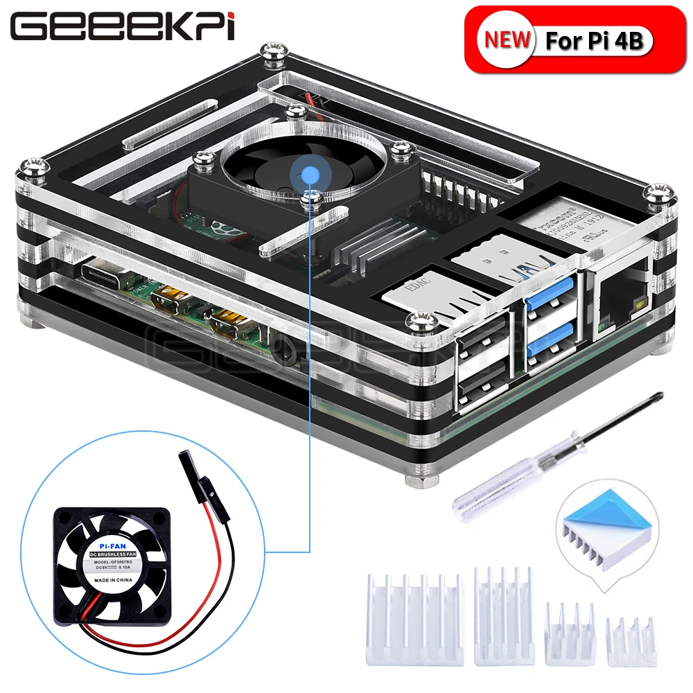 

GeeekPi Acrylic Transparent / Clear & Black Case Cover for Raspberry Pi 4 Model B, with Cooling Fan for Raspberry Pi 4B