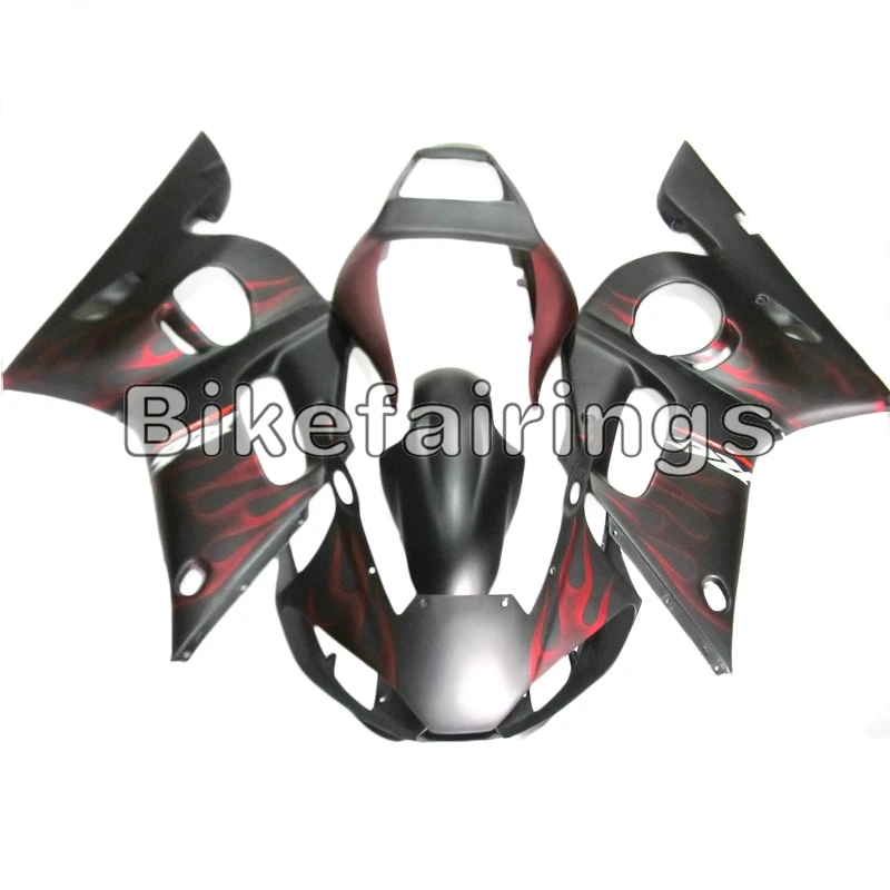 Матовое черное и красное пламя Cowlings для Yamaha YZF-600 R6 1998 1999 2000 2001 2002 R6 ABS впрыска полный комплект кузовных деталей комплект
