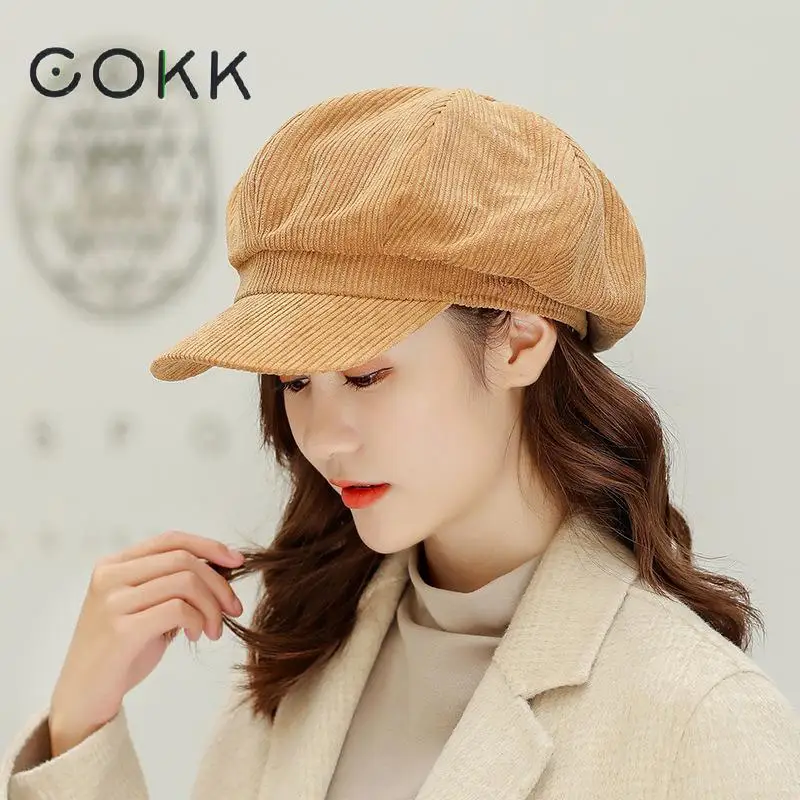 

COKK Autumn Winter New Corduroy Octagonal Hat Female Stripe Newsboy Cap Beret Hats For Women Korean Retro Vintage Bonnet
