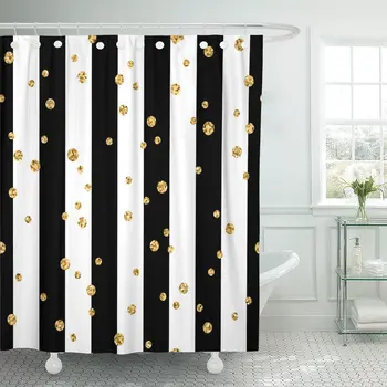 

Gold Polka Dot on Lines Golden Confetti Black Shower Curtain Waterproof Polyester 72 x 78 inches Set with Hooks