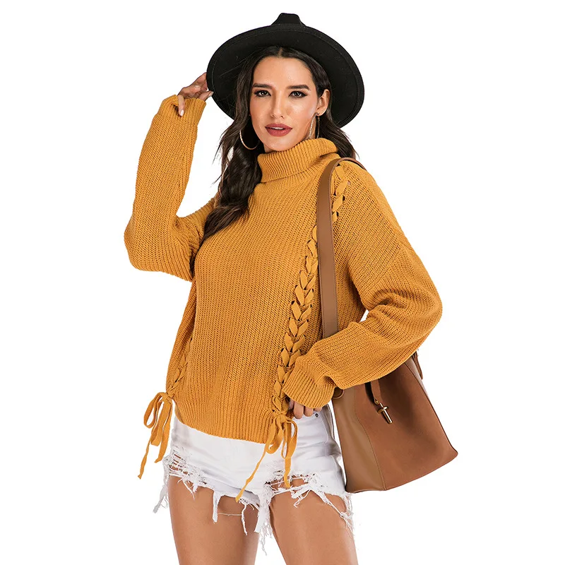 

2019Explosions Women Sweaters Solid Color Sweaters Women Long Sleeve Tie-up Loose Knitted Sweaters turtleneck oversized sweater