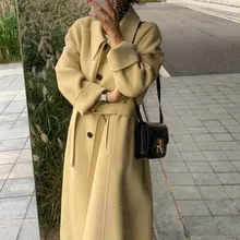 Женское осенне-зимнее желтое длинное шерстяное пальто, женское элегантное Бандажное пальто с длинным рукавом, верхняя одежда, шерсятнное пальто, Парка свободного кроя, большие размеры