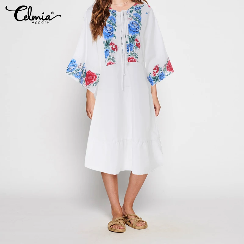 Celmia Summer Holiday Dress Plus Size Women Bohemian Printed Long Shirt Dress Casual Lace Up Loose Midi Vestidos Robe Mujer