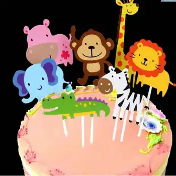 

1set Baby Shower Kids Birthday Party Animal Cake Topper Jungle Safari Party Supplies Cupcake Topper Cake Top Flag Decorations