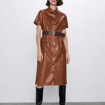 

ZA women dress 2019 brown black PU leather belt fashion chic ladies slim elegant mid-long dress woman dresses