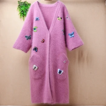 

ladies women fashion beading butterfly half sleeved mink cashmere knitted v-neck loose long cardigans angora fur winter coat