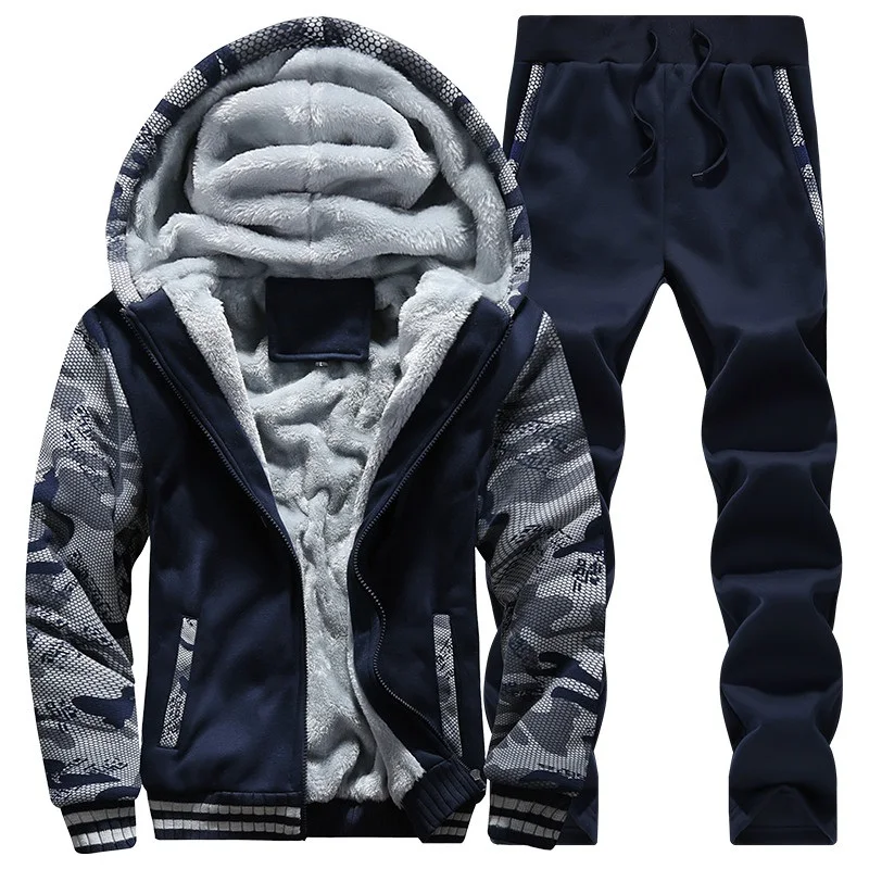 Kaufen Trainingsanzug Männer Camouflage Armee Casual Kapuze Warme Sweatshirt Männlichen Winter Dicke Innere Fleece 2PC Jacke + Hose Männer Moleton masculino