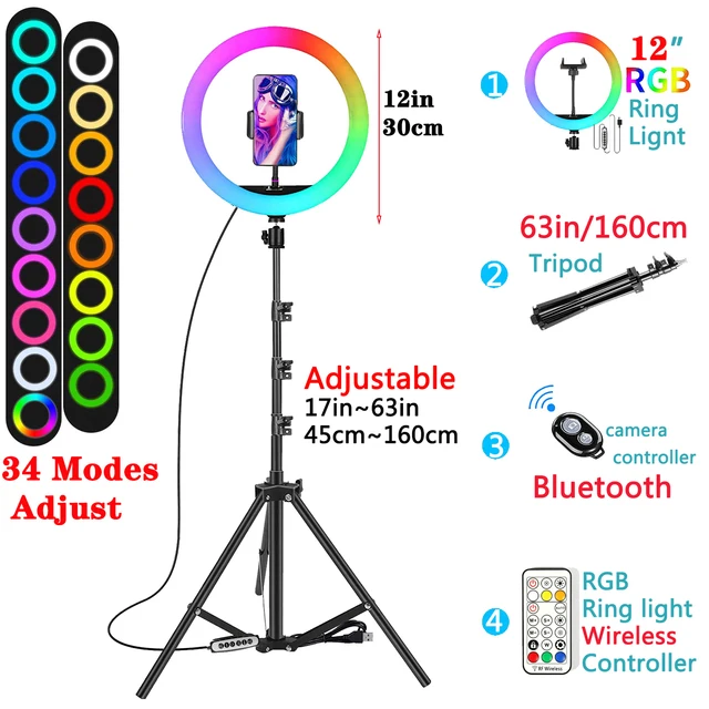 12in 30cm Selfie Ring Light RGB Tripod Phone Stand Holder Photography RingLight Circle Fill Light Led Color Lamp Trepied Makeup 12in RGB Type 2