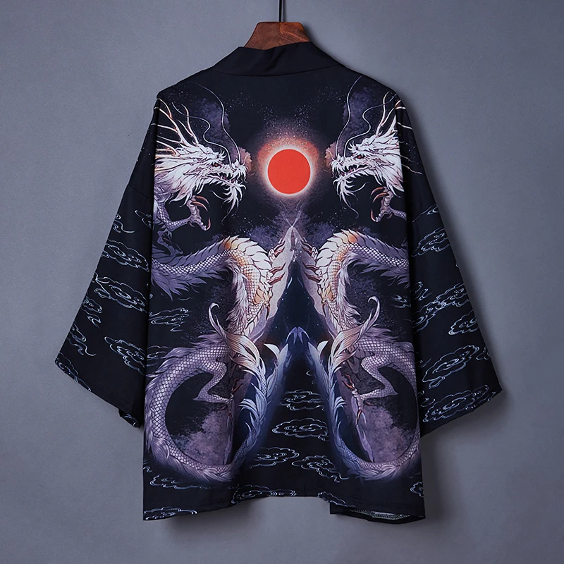#5052 Summer Black Vintage Jacket Men Short Sleeved Chinese Style Hip Hop Loose Kimnono Coat Sunscreen Thin | Мужская одежда