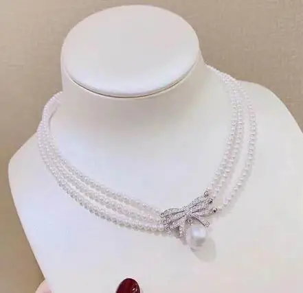 free shipping  jewelry Handmade 3Strands 4-5mm White Pearl CZ Necklace Pendant 925 silver micro inlay zircon clasp accessory