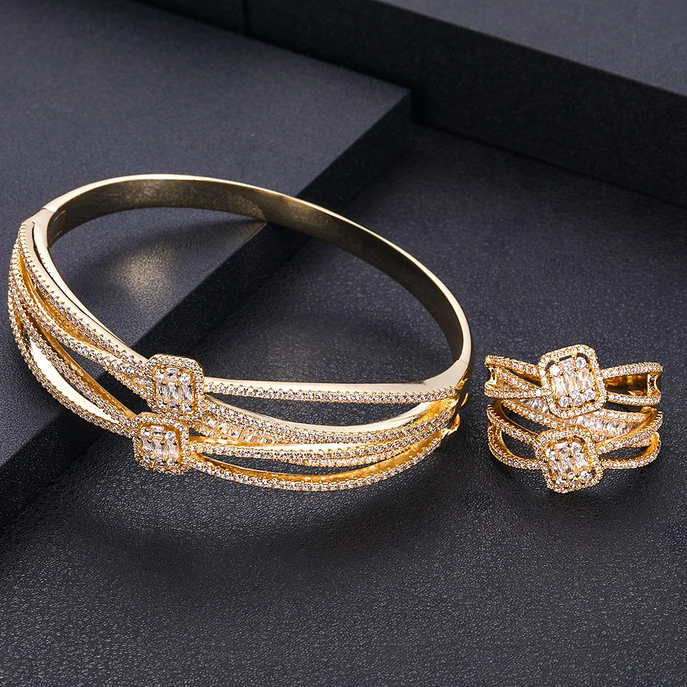 janekelly Luxury 2PCS Dubai Bangle Ring Set Fashion Jewelry Sets For Women Wedding Engagement brincos para as mulheres