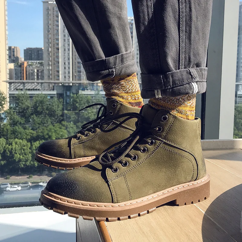 

Fashion Leisure Chelsea Boots Men Solid Round Toe Lace-Up Boots Ankle Winter Cross-tied Motorcycle Shoes