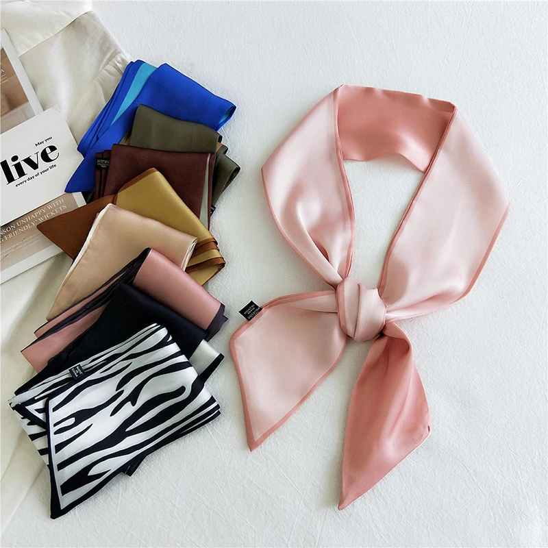 

Lady Two-Color Dual-Use Small Silk Scarf Long Hair Tie Band Bag Handle Ribbon Fashion Women Skinny Scarf Neckerchief